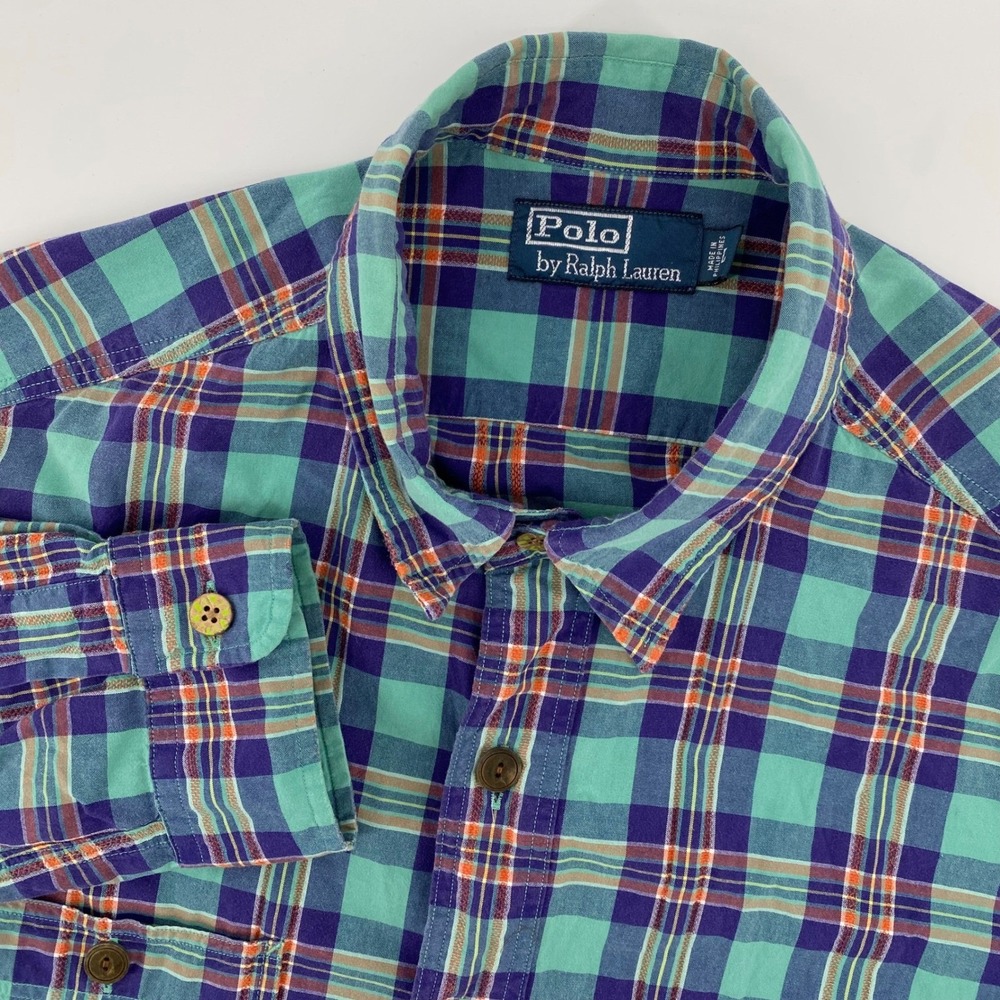 Polo Ralph Lauren Button Down Mens L Teal Purple Plaid Long Sleeve Cotton Shirt